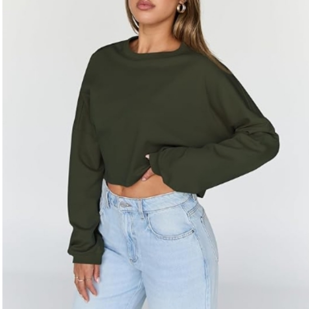 Cropped Oversized Crewneck Sweater Long Sleeve Army Green New
